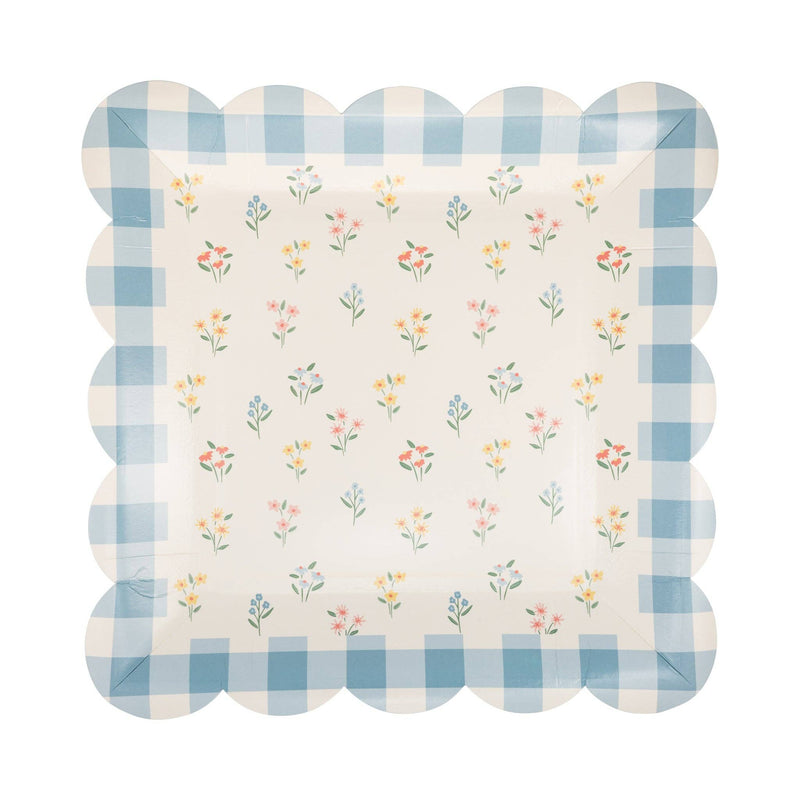 A single square 9x9 paper plate with a blue gingham border and tiny botanical floral center, featuring a scalloped edge.