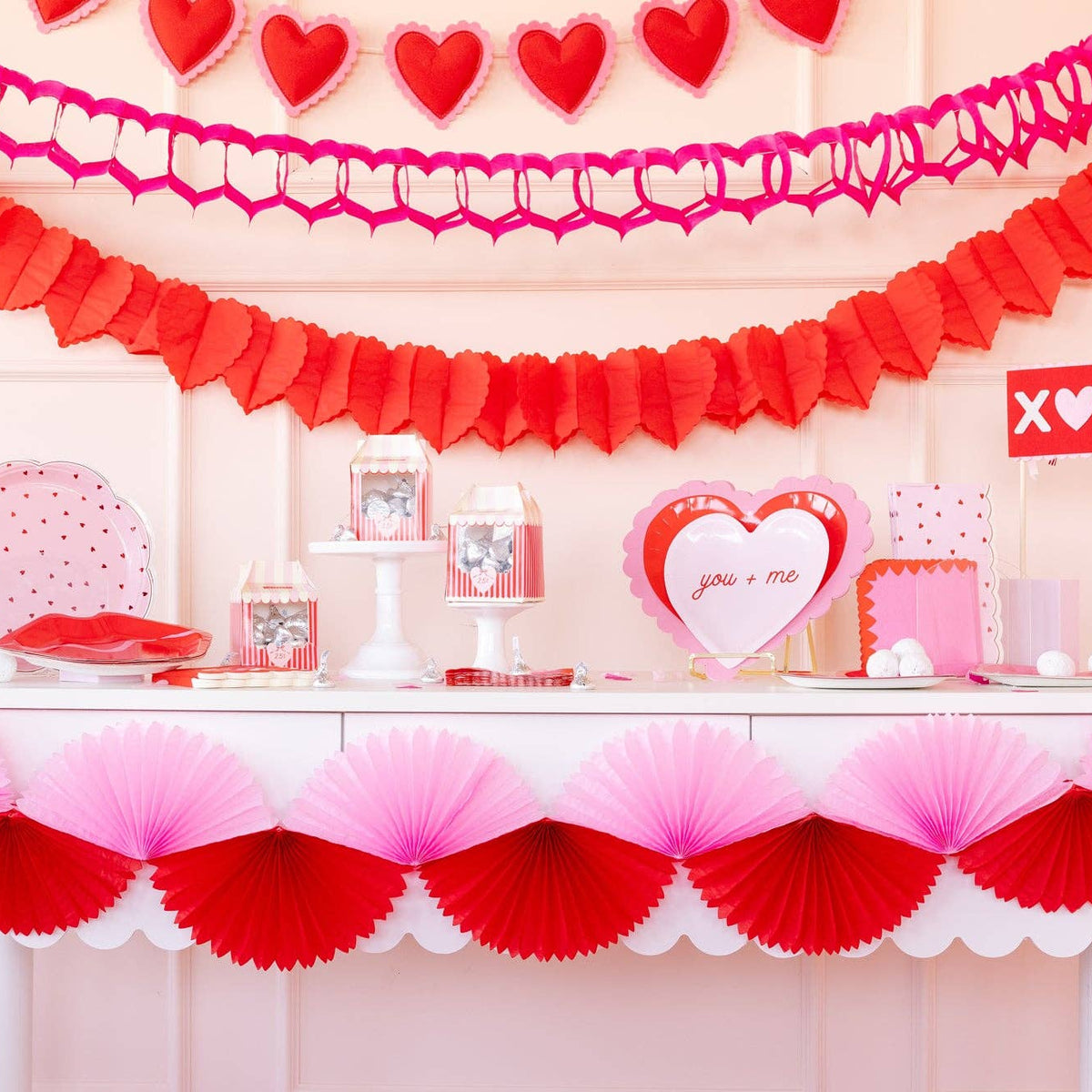 Tissue bunting banner hanging on Valentine table display