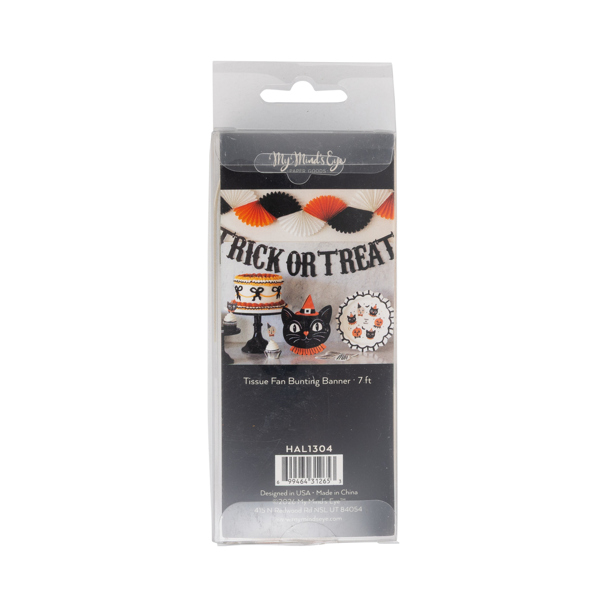 Halloween-themed bunting accordion packaging with Halloween decors and graphics, back view.
