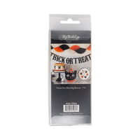 Halloween-themed bunting accordion packaging with Halloween decors and graphics, back view.