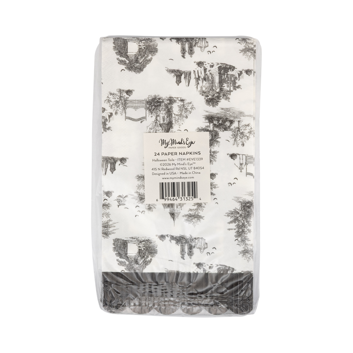 Back packaging of a pack of paper napkins with black and white pattern on a white background.