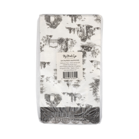 Back packaging of a pack of paper napkins with black and white pattern on a white background.