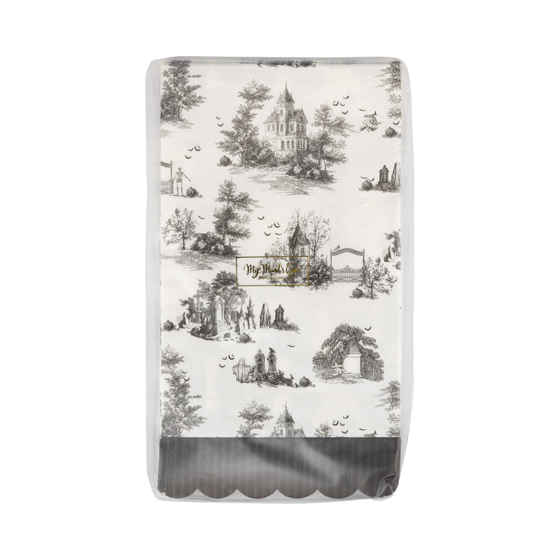 Stack of 24 Halloween toile dinner napkins on a white background, front packaging. 
