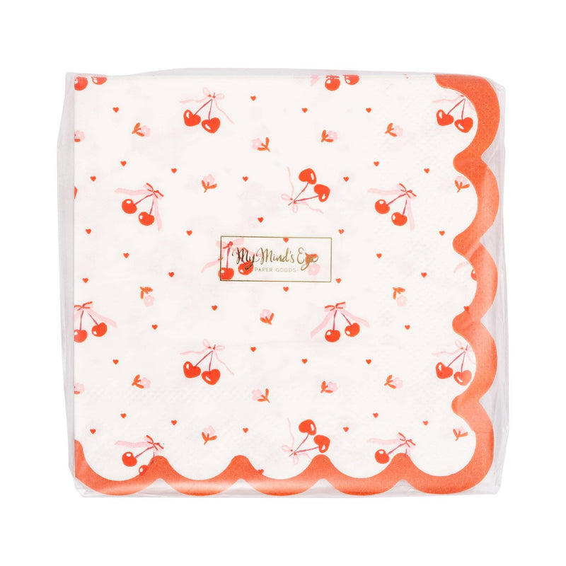 Packaged cherry-pattern cocktail napkins with scalloped edge