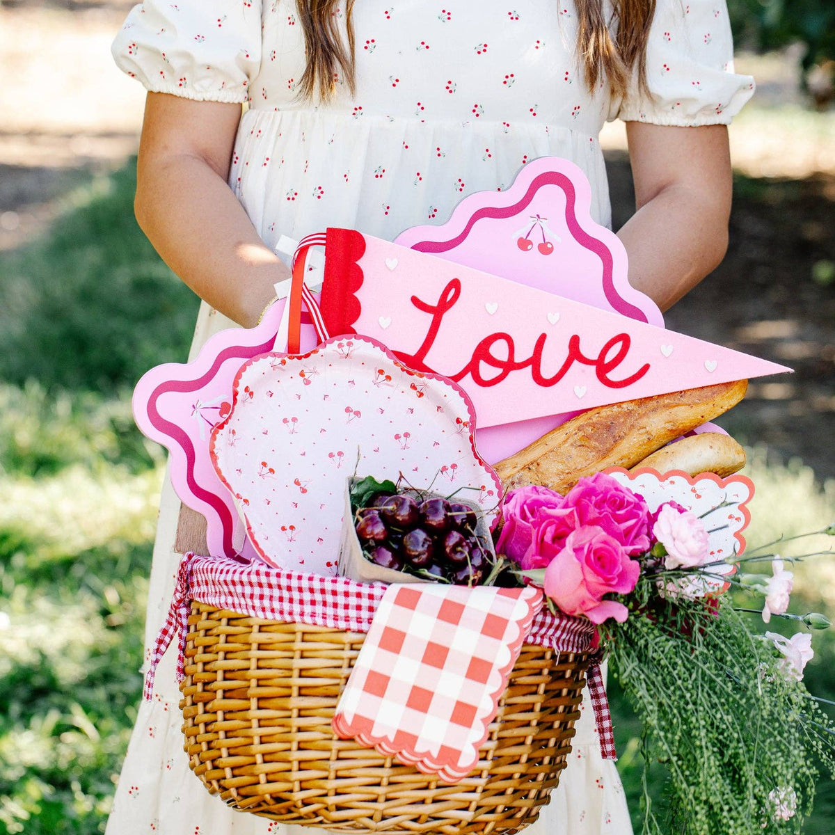 closeup of cherry paper plates inside picnic basket
