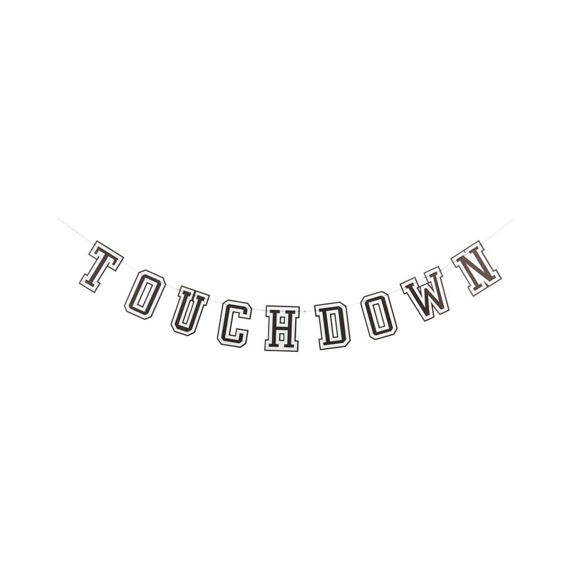 Black and cream touchdown banner with stitched paper letters spelling touchdown