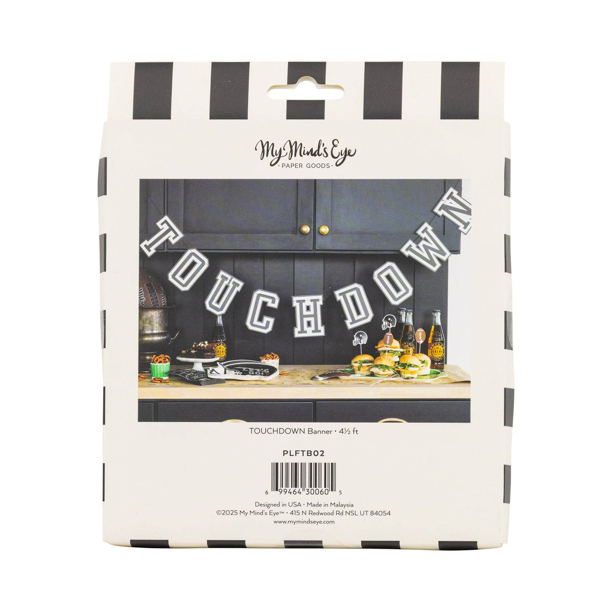 Back of touchdown banner package showing banner length and party styling