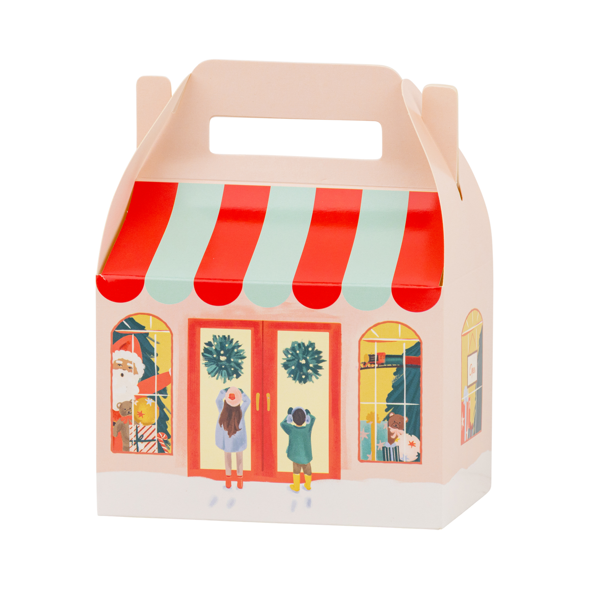 Single Toy Store gable treat box shaped like a colorful storefront with a striped awning