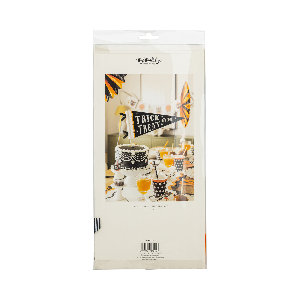 Halloween-themed felt pennant product packaging with decorative elements on a white packing, back view.
