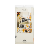 Halloween-themed felt pennant product packaging with decorative elements on a white packing, back view.