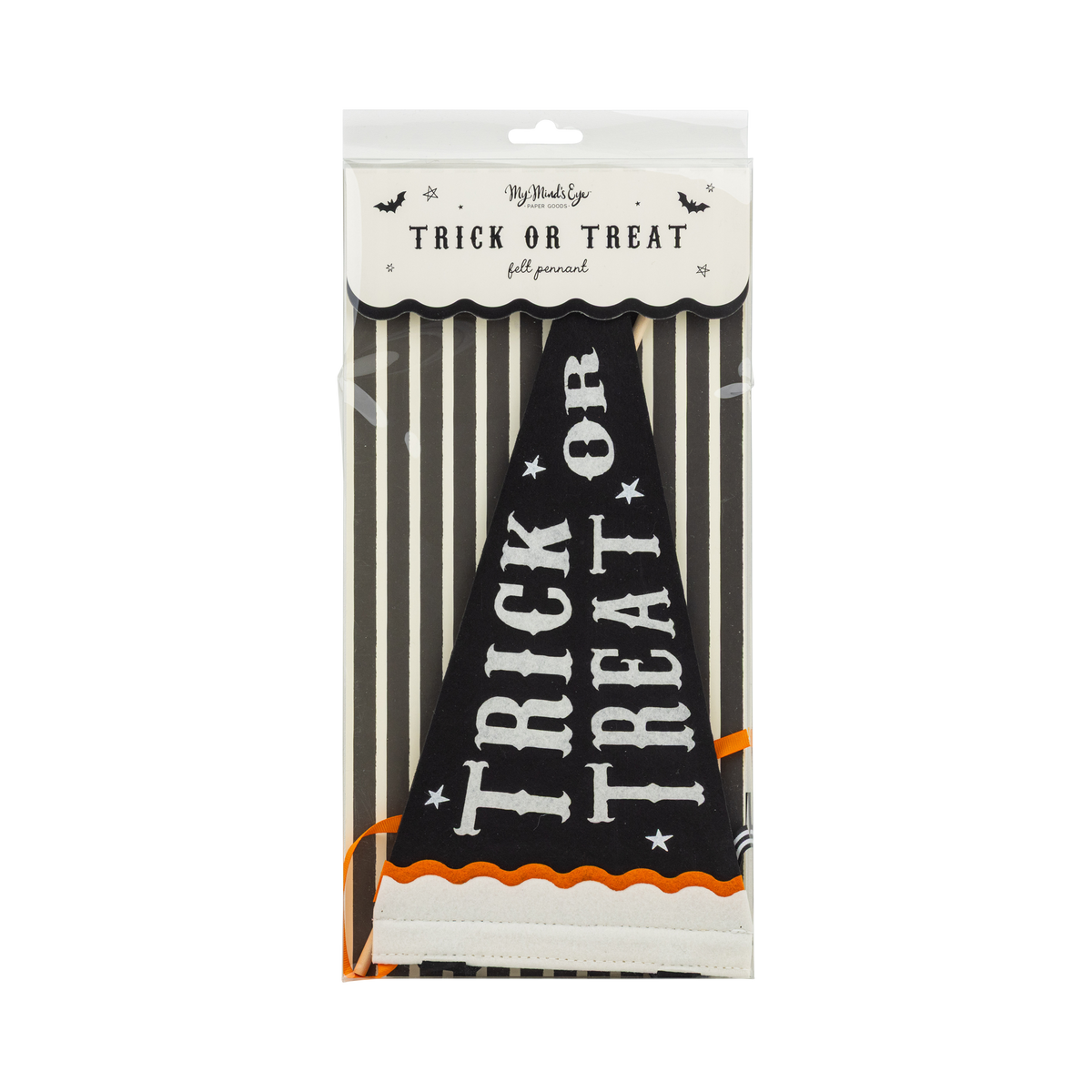 Halloween-themed Trick or Treat Felt pennant product packaging with 'Trick or Treat' text on a white label, front view.