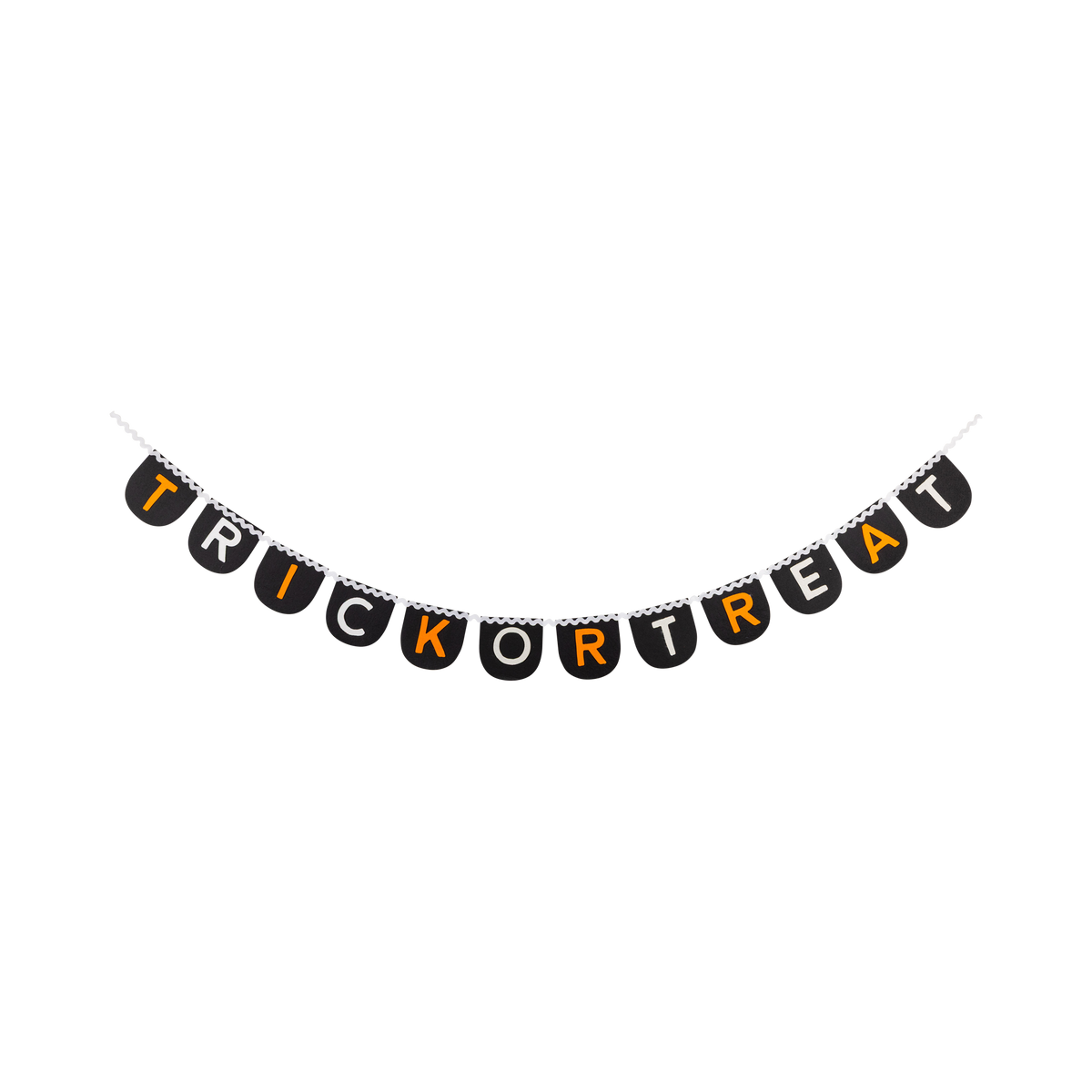 Full "Trick or Treat" felt banner on white background, hung in a natural drape. All 12 black felt flags visible, each with a single letter in alternating orange and cream. Cream rickrack ribbon connects all pieces along the top edge. The banner reads T-R-I-C-K-O-R-T-R-E-A-T left to right with consistent spacing.