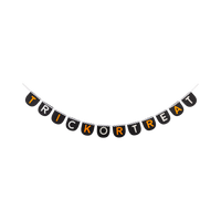 Full "Trick or Treat" felt banner on white background, hung in a natural drape. All 12 black felt flags visible, each with a single letter in alternating orange and cream. Cream rickrack ribbon connects all pieces along the top edge. The banner reads T-R-I-C-K-O-R-T-R-E-A-T left to right with consistent spacing.