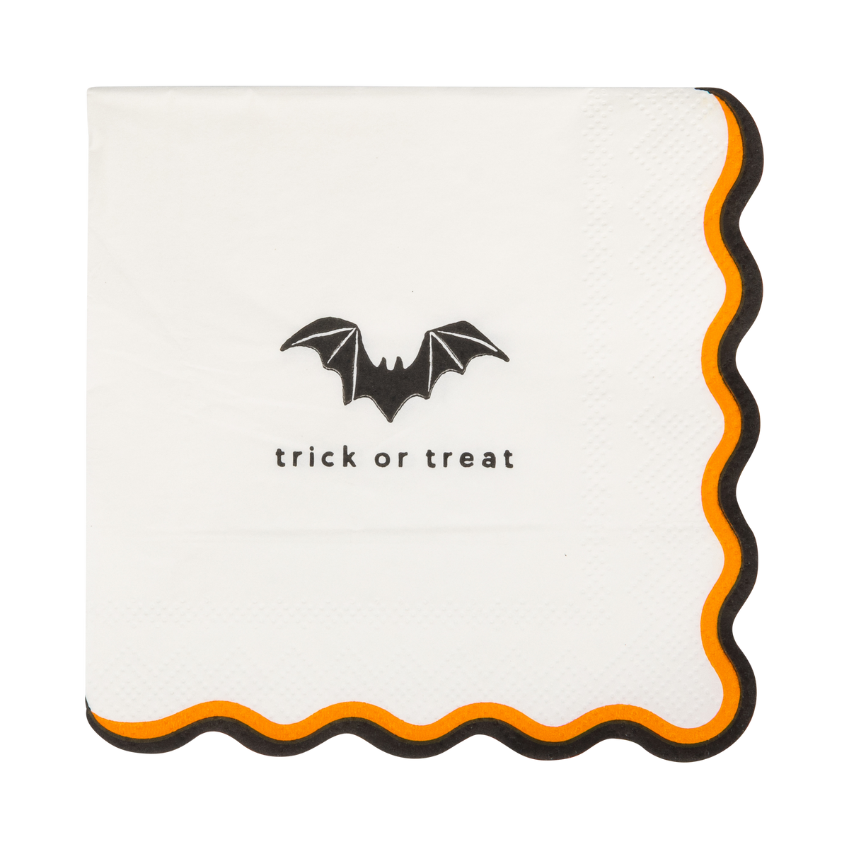 Halloween beverage napkin with bat illustration and "Trick or Treat" lettering on a cream background.