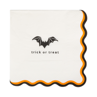 Halloween beverage napkin with bat illustration and "Trick or Treat" lettering on a cream background.