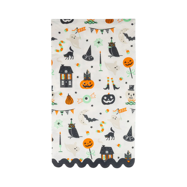 Single unfolded Tricks & Treats Halloween napkin highlighting all-over print