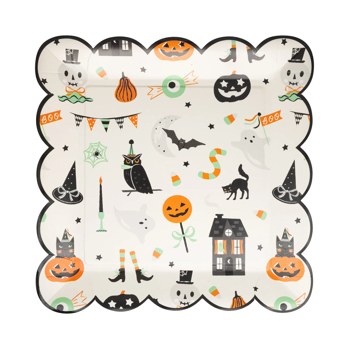 Isolated image of scallop-edged square Halloween plate with playful spooky icons.