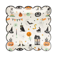 Isolated image of scallop-edged square Halloween plate with playful spooky icons.