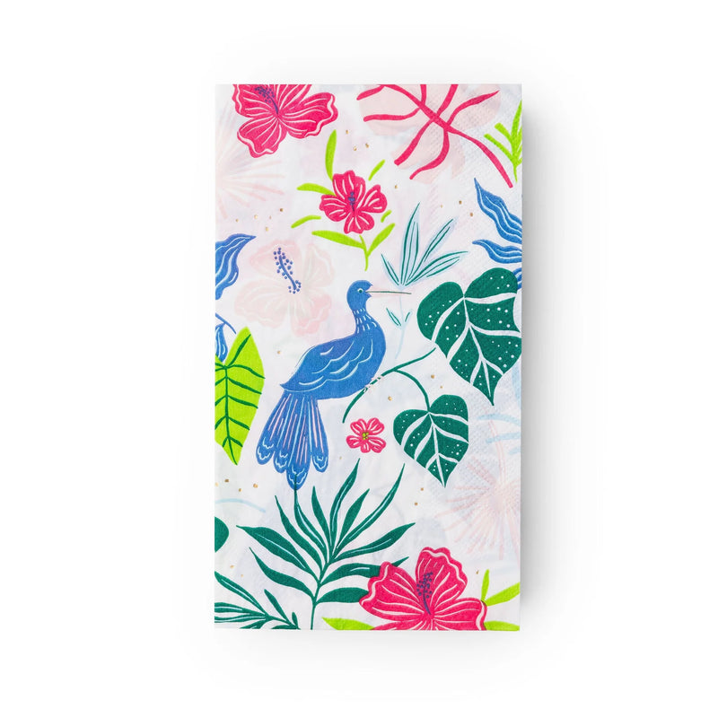 Single folded guest towel with colorful bird and tropical foliage illustration.