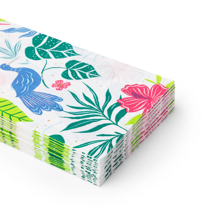 Stack of guest towels showing blue bird, pink hibiscus, and green palm leaves on white background.