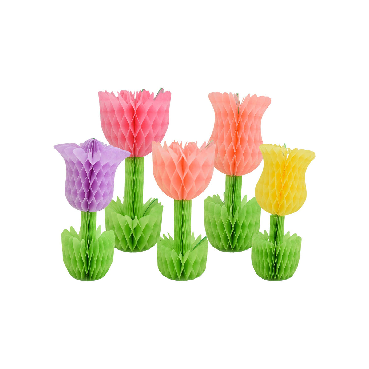 Set of five pastel honeycomb tulip decorations in pink, purple, and yellow