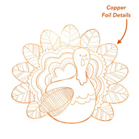 The turkey coloring placemat with a "Copper Foil Details" label highlighting the copper-foil outline accents.