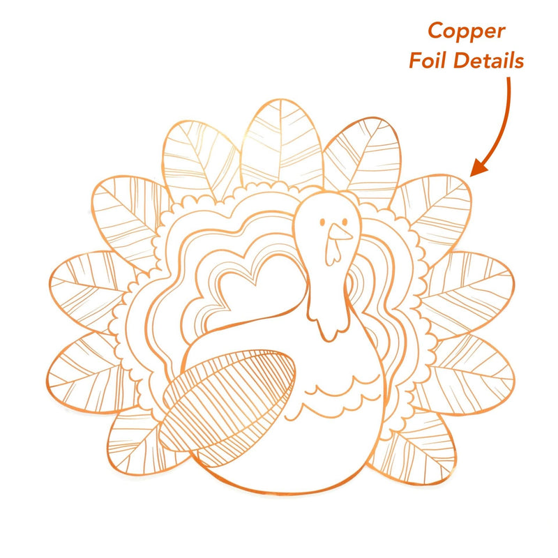 The turkey coloring placemat with a "Copper Foil Details" label highlighting the copper-foil outline accents.
