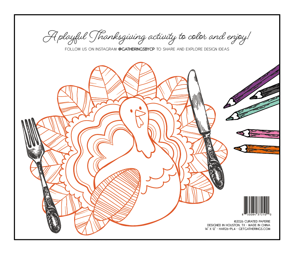 Product packaging showing the turkey coloring placemat with markers, a fork, and a "delightful Thanksgiving activity" label.
