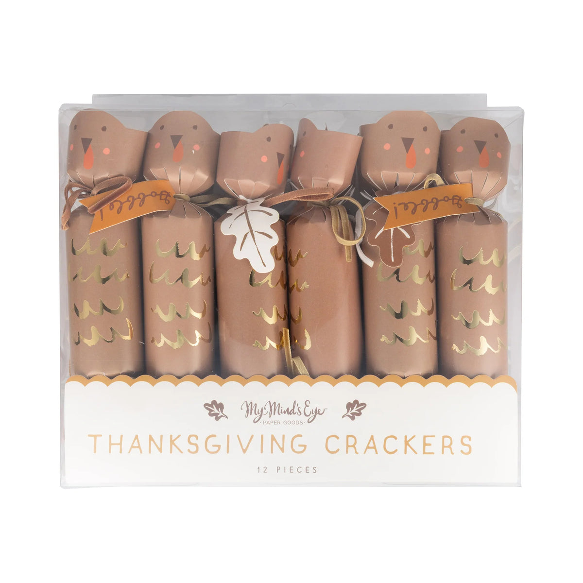 Front of package showing 12 turkey-shaped party crackers with gold accents.