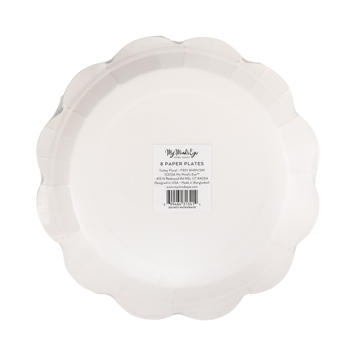 Back of the Thanksgiving paper plate showing the plain cream scalloped shape and "8 Paper Plates" packaging label.