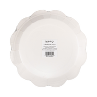 Back of the Thanksgiving paper plate showing the plain cream scalloped shape and "8 Paper Plates" packaging label.