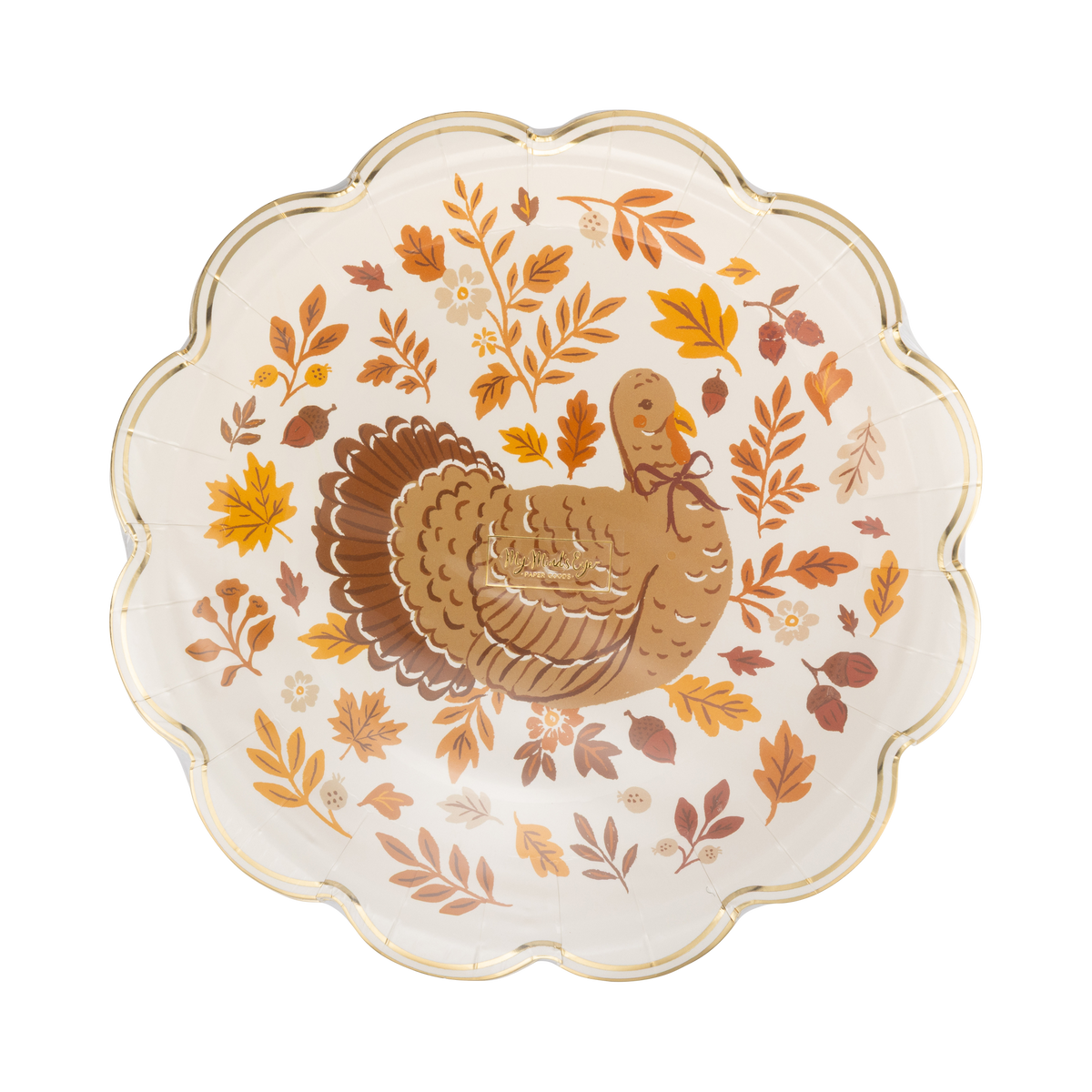 Angled view of the turkey foliage harvest plate showing the centered turkey, the circular fall-leaf wreath pattern, and the gold foil scalloped edge.
