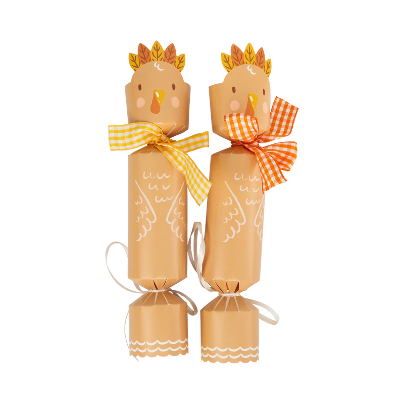 Two festive turkey party cracker tied with gingham ribbon on a white background.