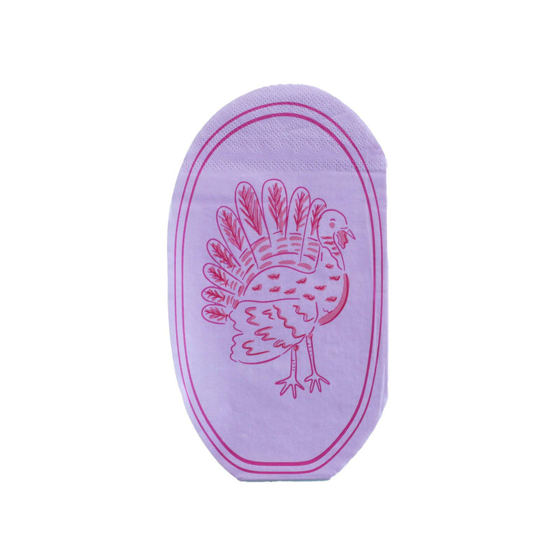 Die-cut turkey shaped napkin in a purple and lilac turkey silhouette on an oval shape, front view on white background.