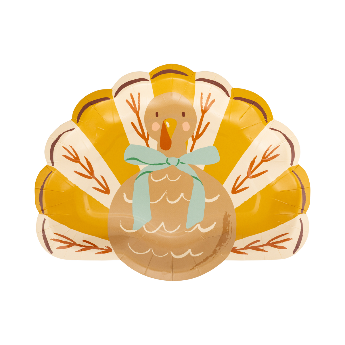 Die-cut turkey-shaped paper plate with a bow, front view on a white background.