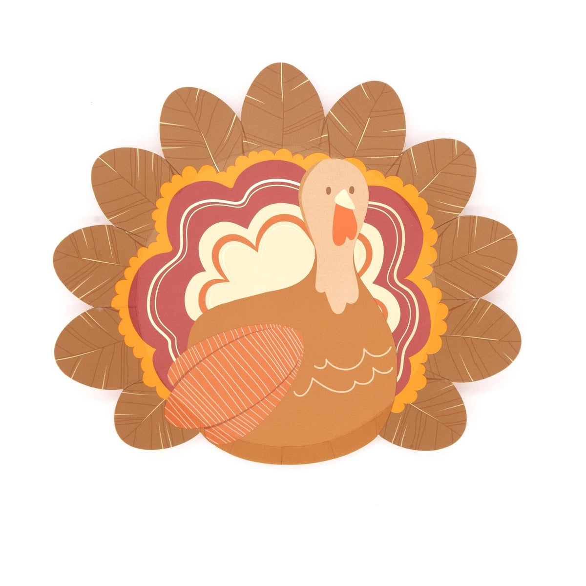 Die-cut turkey shaped Thanksgiving paper plate with layered rust, burgundy, gold, and cream feathers and gold foil accents, front view on white background.