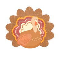Die-cut turkey shaped Thanksgiving paper plate with layered rust, burgundy, gold, and cream feathers and gold foil accents, front view on white background.