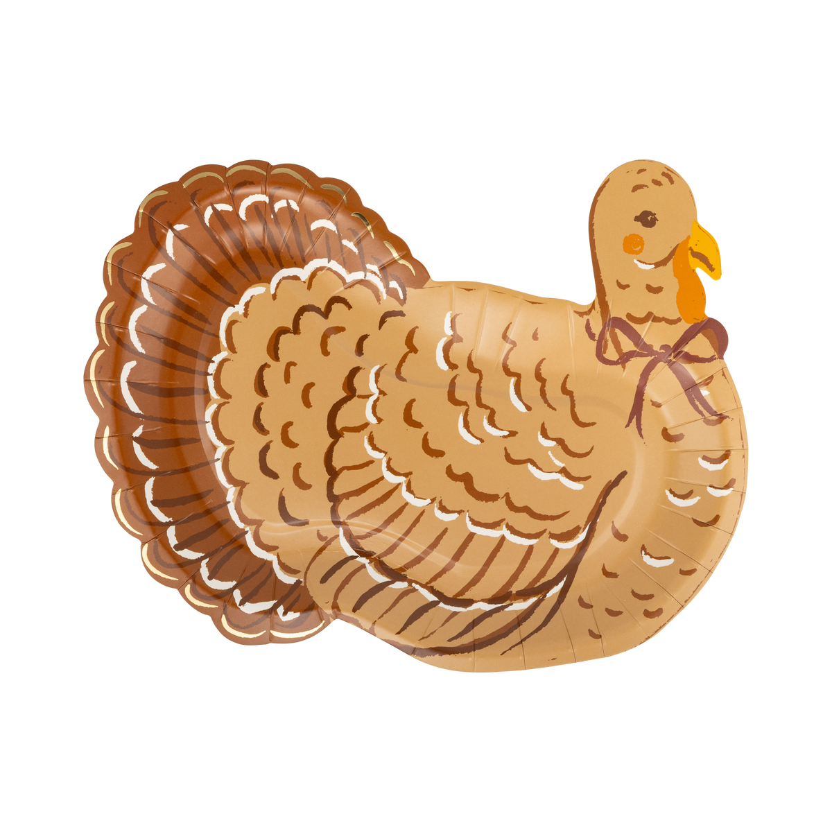 Die-cut turkey shaped Thanksgiving paper plate with a detailed brown, gold, and cream turkey illustration and gold foil feather accents, front view.