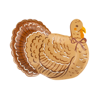 Die-cut turkey shaped Thanksgiving paper plate with a detailed brown, gold, and cream turkey illustration and gold foil feather accents, front view.