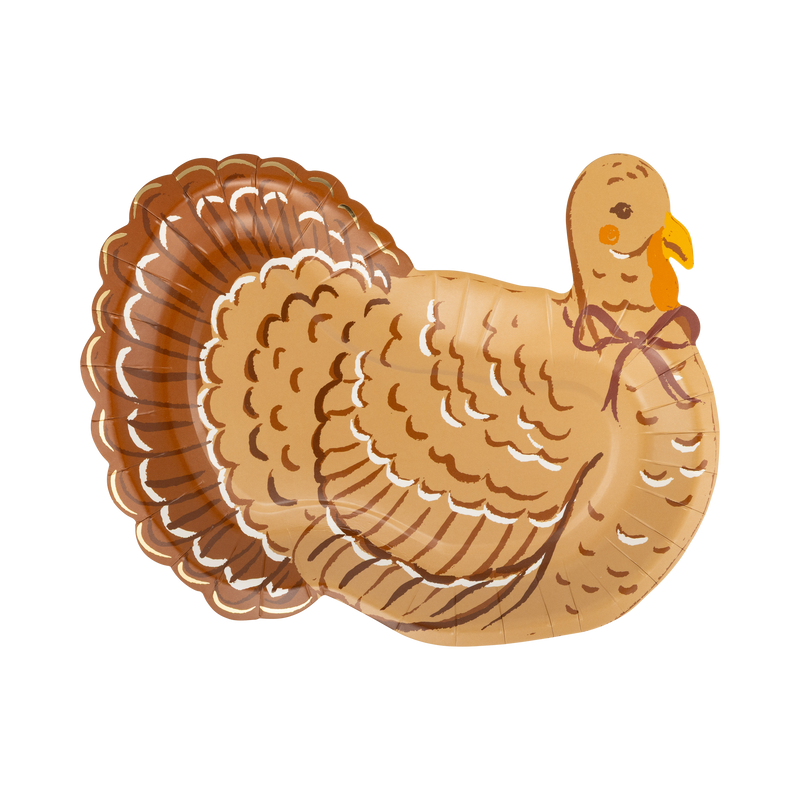 Die-cut turkey shaped Thanksgiving paper plate with a detailed brown, gold, and cream turkey illustration and gold foil feather accents, front view.