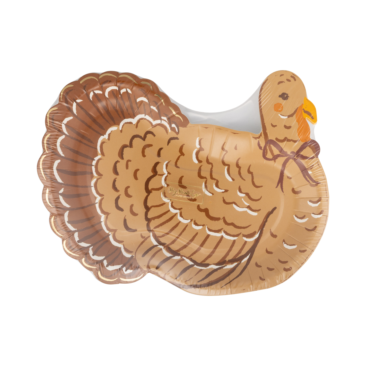 Angled view of the turkey shaped plate showing the full-body illustrated turkey, warm brown tones, and gold foil feather detail.