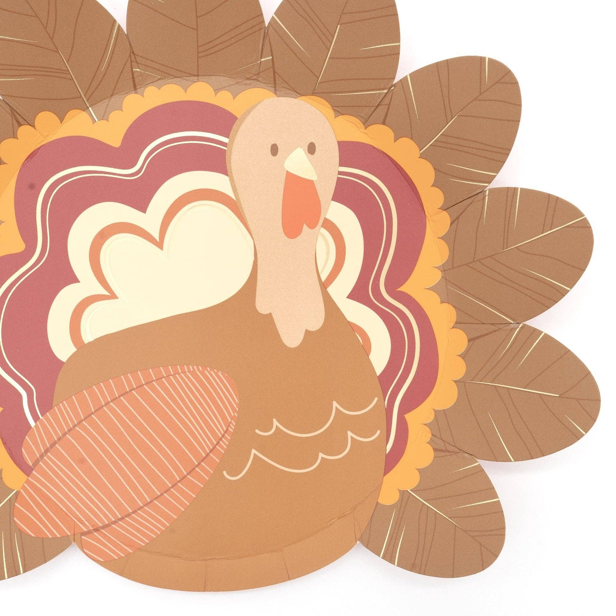 Two turkey shaped plates overlapping, showing the die-cut turkey shape and layered feathers from the front.