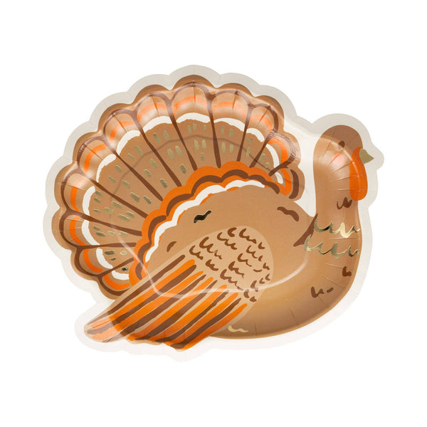 Turkey-shaped 10-inch paper plate with gold-foil accents, front view.