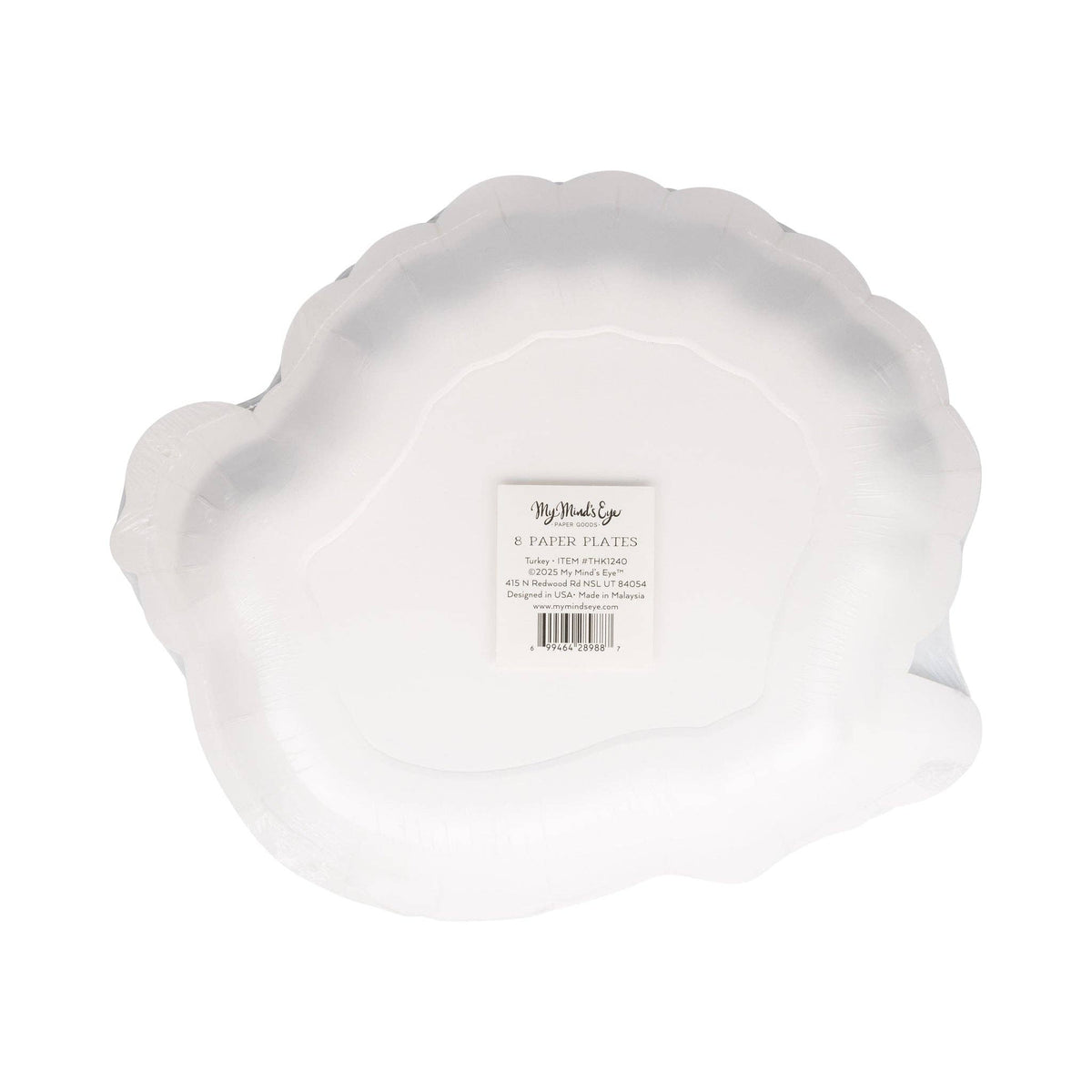 Package containing an 8-pack of turkey-shaped paper plates.