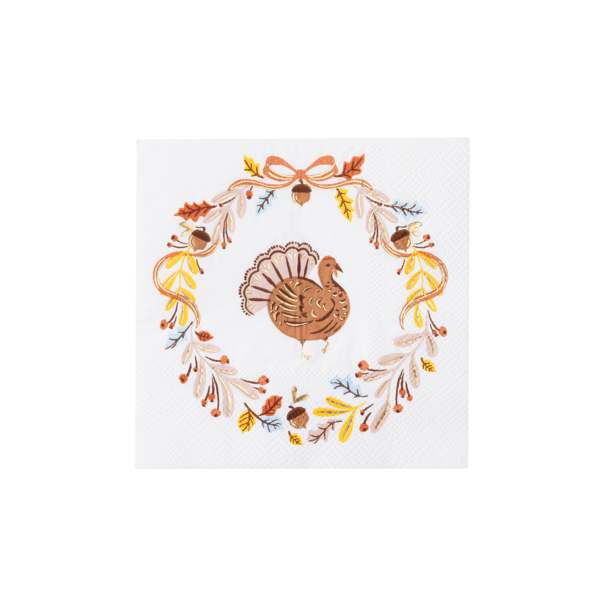 White Thanksgiving cocktail napkin with a copper turkey in a gold-foil autumn wreath