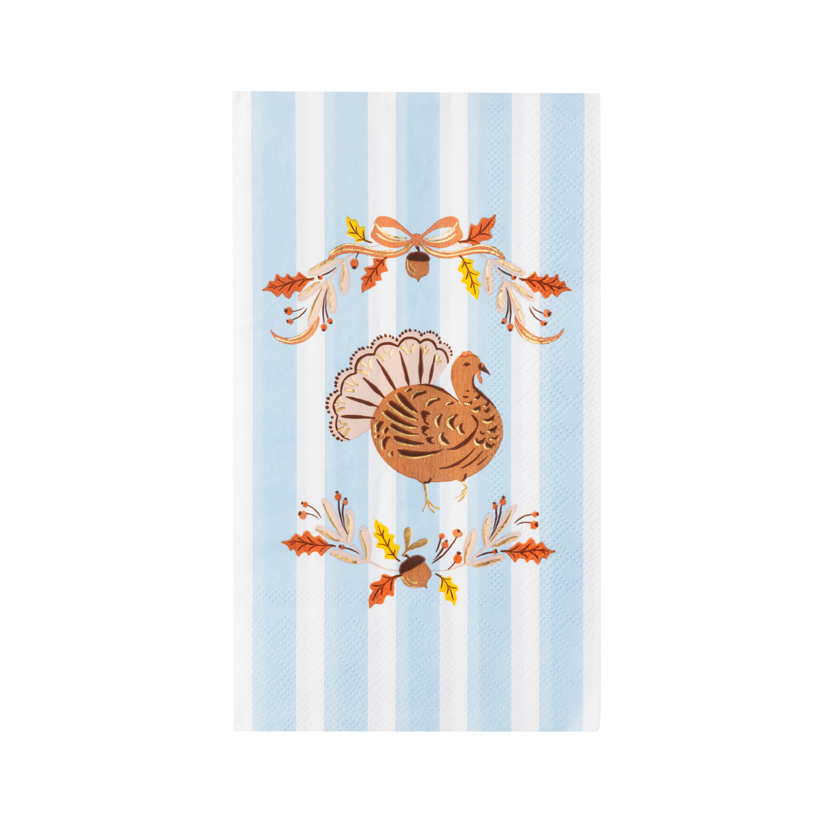 Blue and white striped Thanksgiving guest towel with a copper turkey and gold foil autumn crest