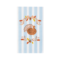 Blue and white striped Thanksgiving guest towel with a copper turkey and gold foil autumn crest