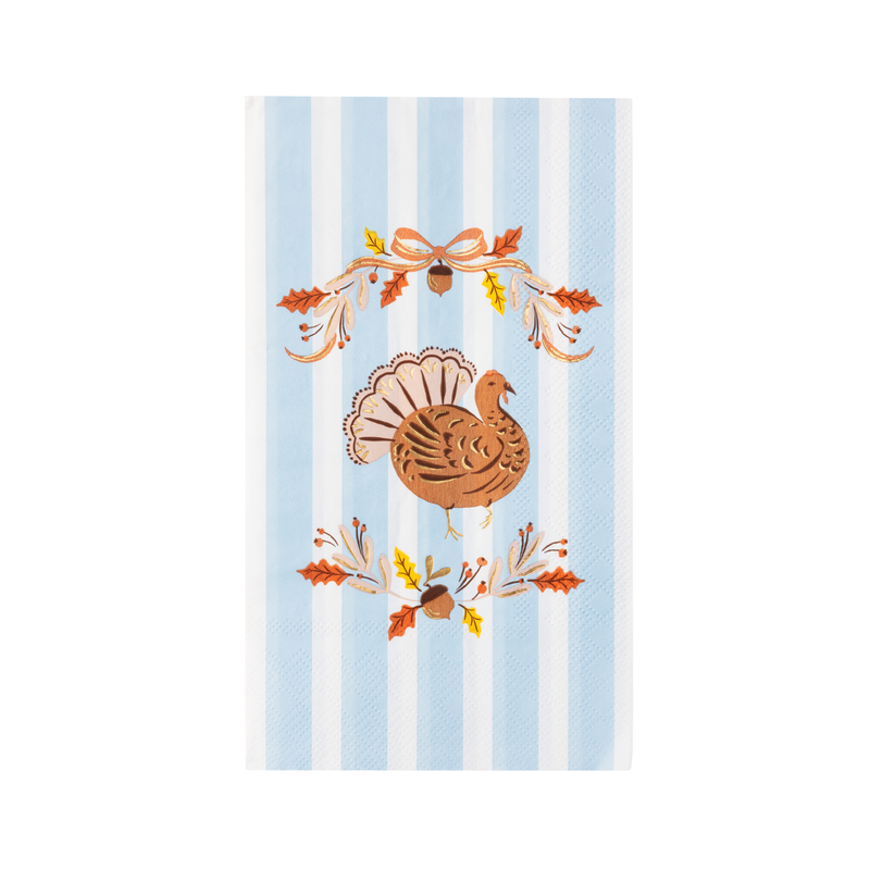 Blue and white striped Thanksgiving guest towel with a copper turkey and gold foil autumn crest
