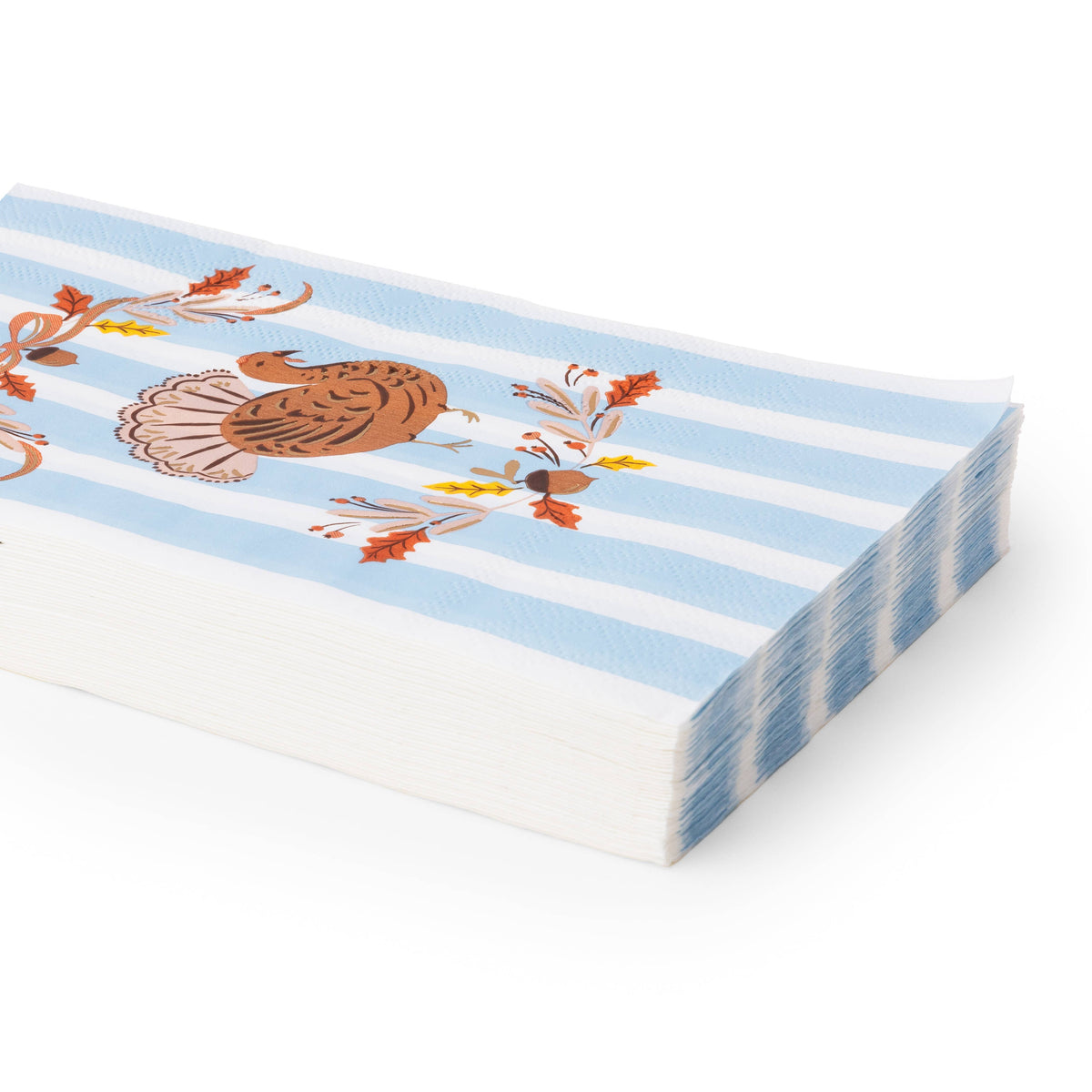 Angled stack of blue striped turkey Thanksgiving paper guest towels