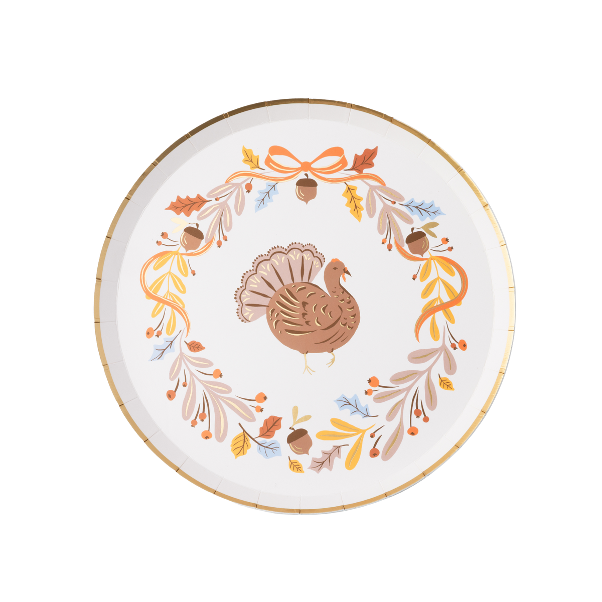 Round Thanksgiving paper plate with a copper turkey in a gold-foil autumn wreath